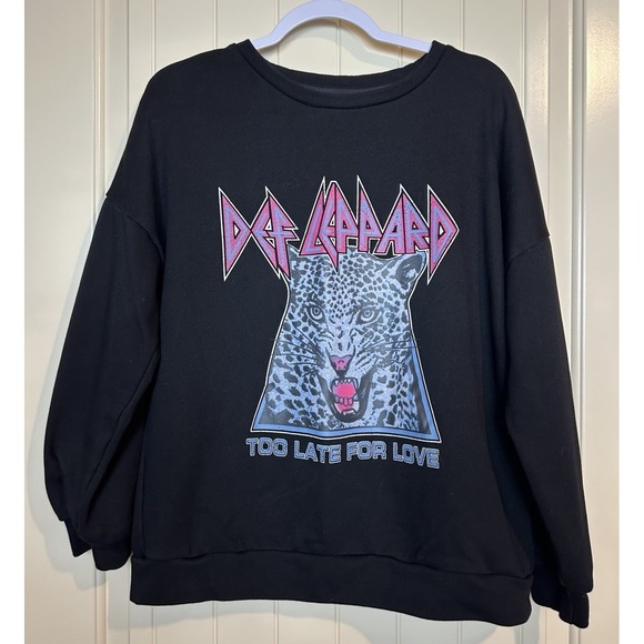 Def Leppard Too late for Love Graphic Crewneck Sweatshirt pink black sz L - Picture 1 of 4